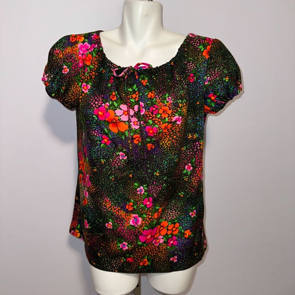 Vintage 70s Hawaiian Barkcloth Bright Floral Drawstring Neck Top Blouse Large L - Picture 2 of 5